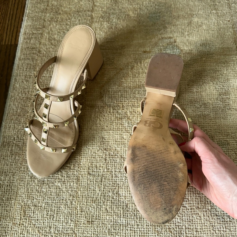 Gianni Binni Studded Block Heels - Beige/Tan